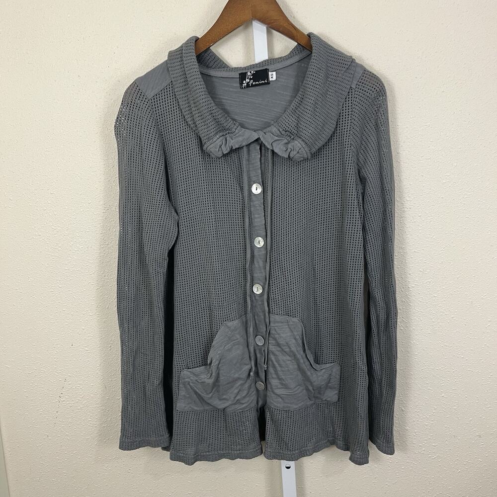 Fenini Open Knit Mesh Cardigan XS Oversized Button Front Gray Lagenlook Art Wear